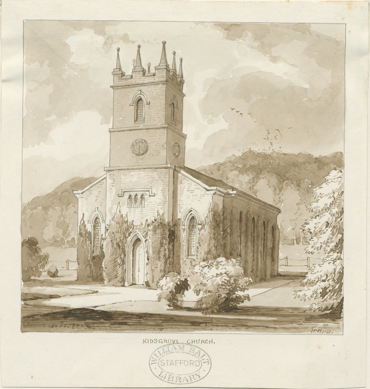 Kidsgrove templom: szépia rajz alkotó: Thomas Peploe Wood