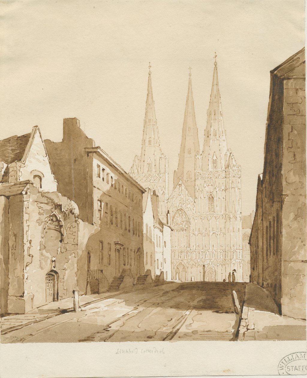 Lichfield katedrális : vörös szépia rajz alkotó: Thomas Peploe Wood