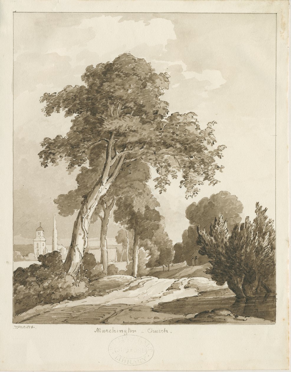 Marchington Church: szépia mosás rajza, 1836 alkotó: Thomas Peploe Wood