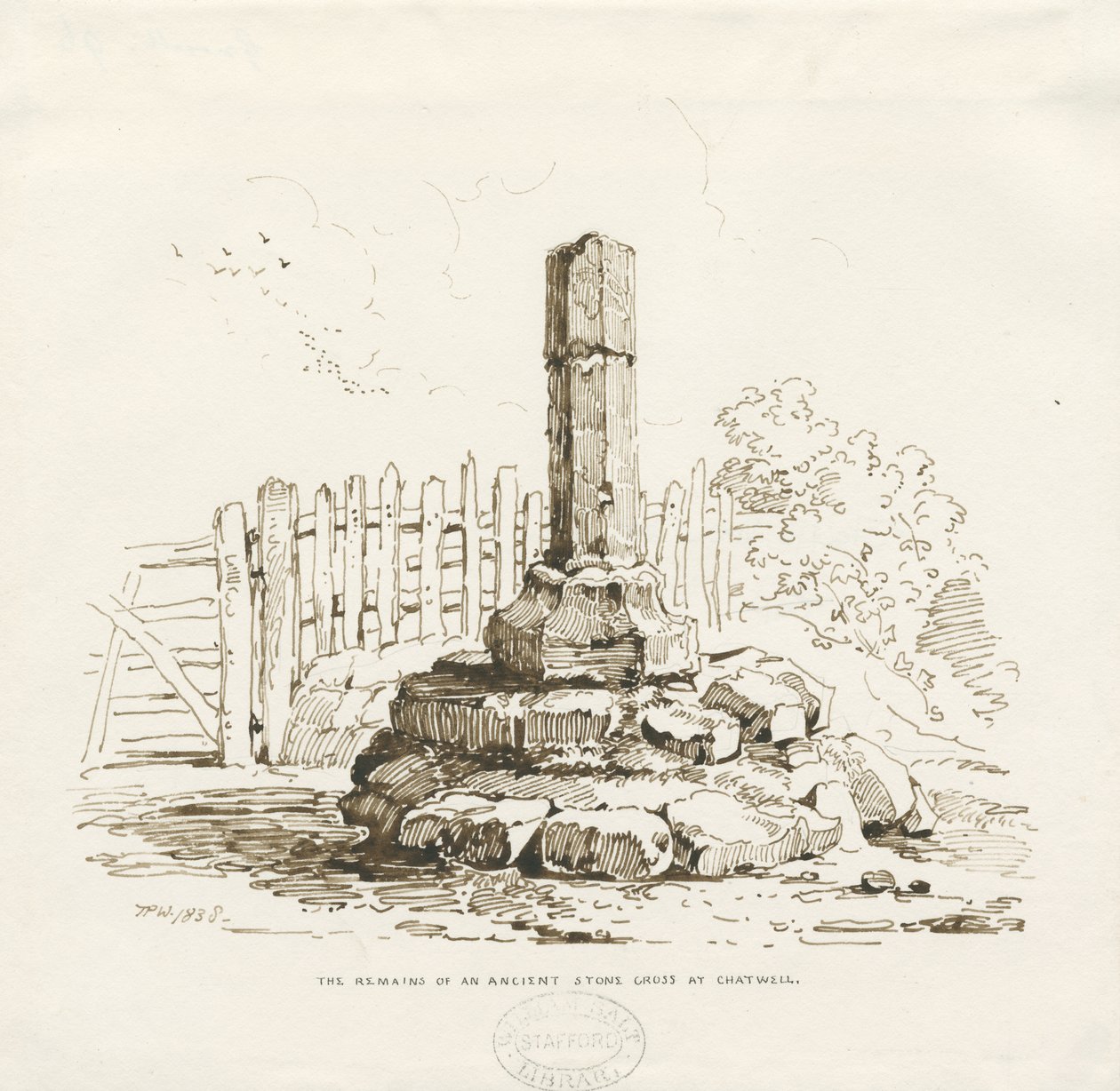 Moreton – Kőkereszt maradványai Chatwellben: tollrajz, 1838 alkotó: Thomas Peploe Wood