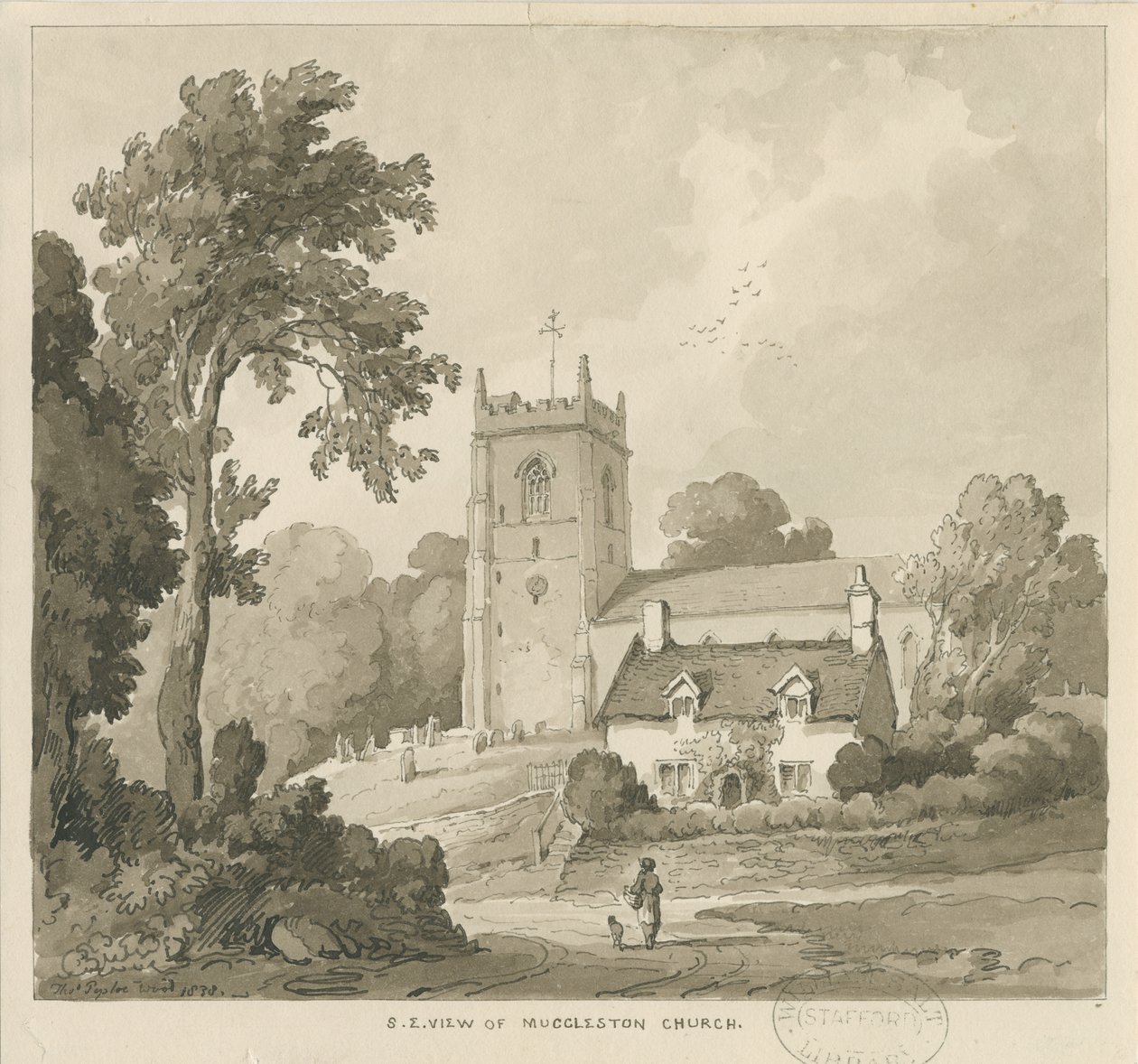 Mucklestone templom: szépia mosás rajz alkotó: Thomas Peploe Wood