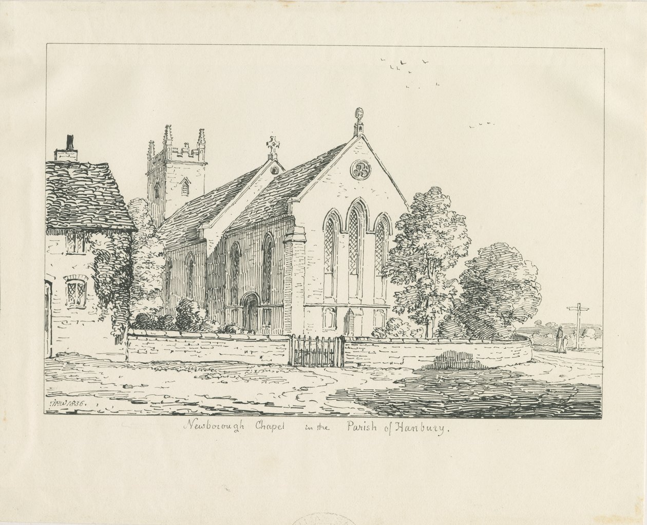 Newborough Church: toll- és tusrajz alkotó: Thomas Peploe Wood