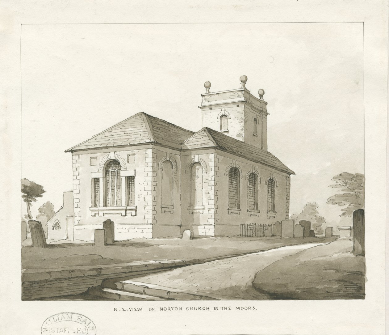 Norton-in-the-Moors templom: szépia mosás rajza, nd [1817-1845] alkotó: Thomas Peploe Wood
