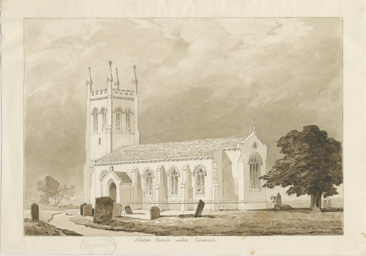 Norton Canes Church: szépia mosás rajz alkotó: Thomas Peploe Wood