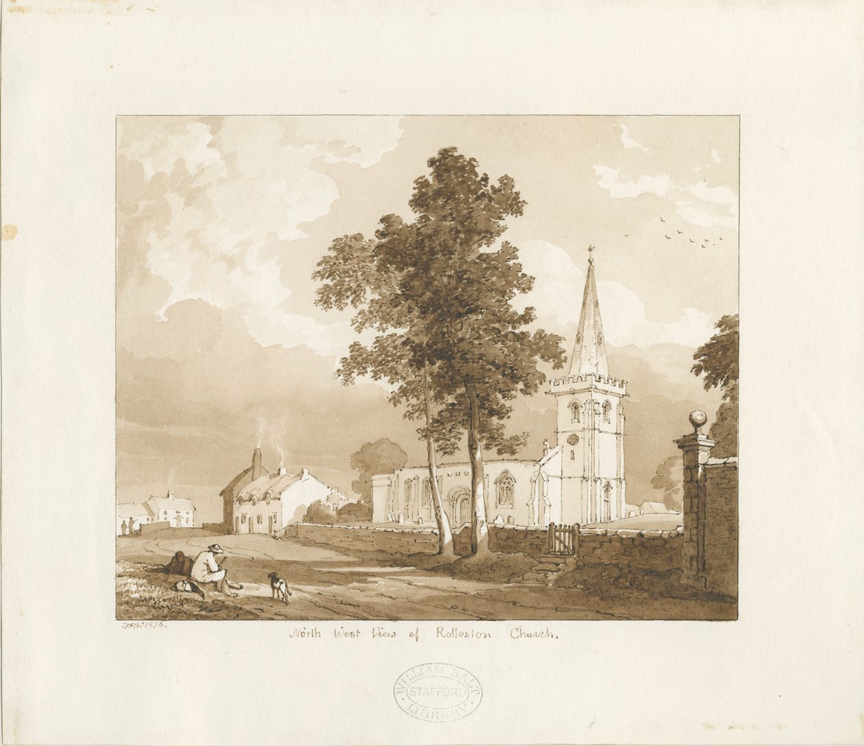 Rolleston templom: vörös szépia rajz, 1836 alkotó: Thomas Peploe Wood