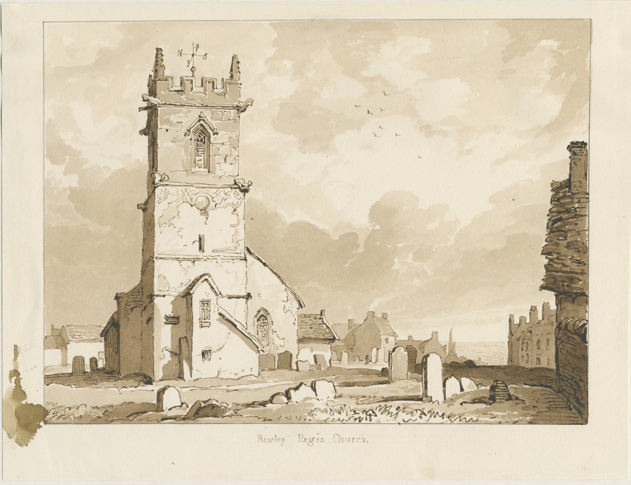 Rowley Regis templom: szépia rajz, 1837 alkotó: Thomas Peploe Wood
