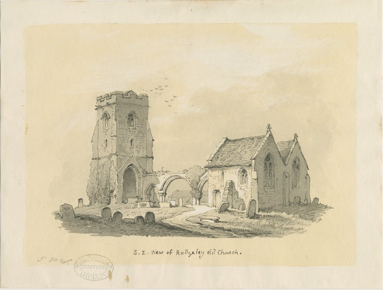 Rugeley templom (régi): szépia rajz színezett papírra, nd [?1839] (rajz) alkotó: Thomas Peploe Wood