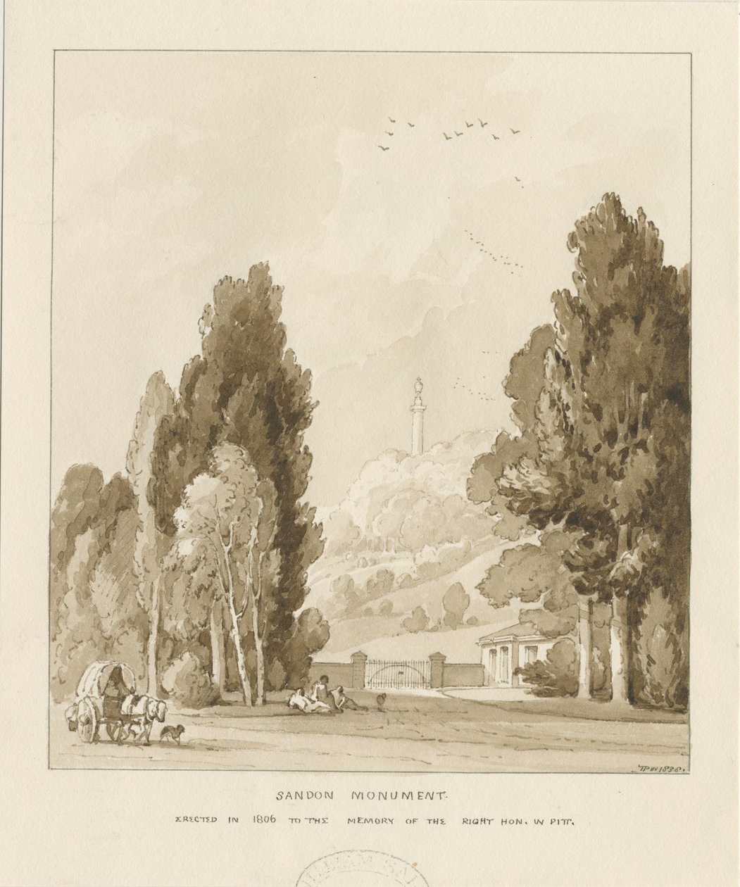 Sandon – William Pitt emlékműve: szépia mosás rajza, 1838 alkotó: Thomas Peploe Wood