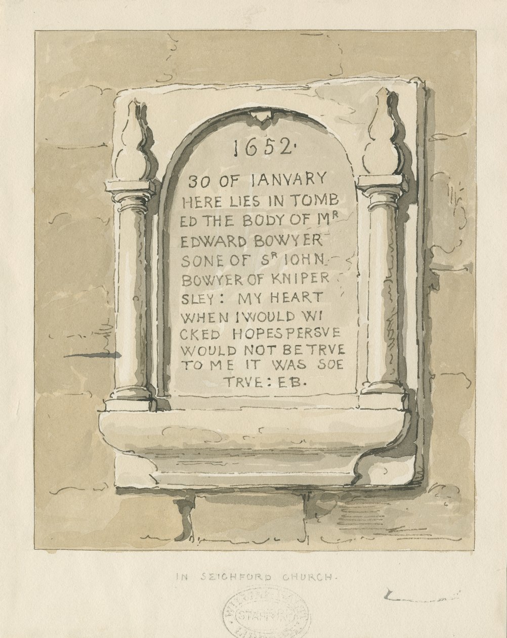 Seighford Church – Kőtábla Edward Bowyernek: szépia rajz, nd [?1838] (rajz) alkotó: Thomas Peploe Wood