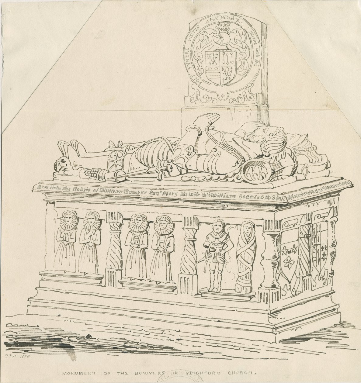 Seighford Church – William és Mercy Bowyer sírja: toll- és tusrajz alkotó: Thomas Peploe Wood