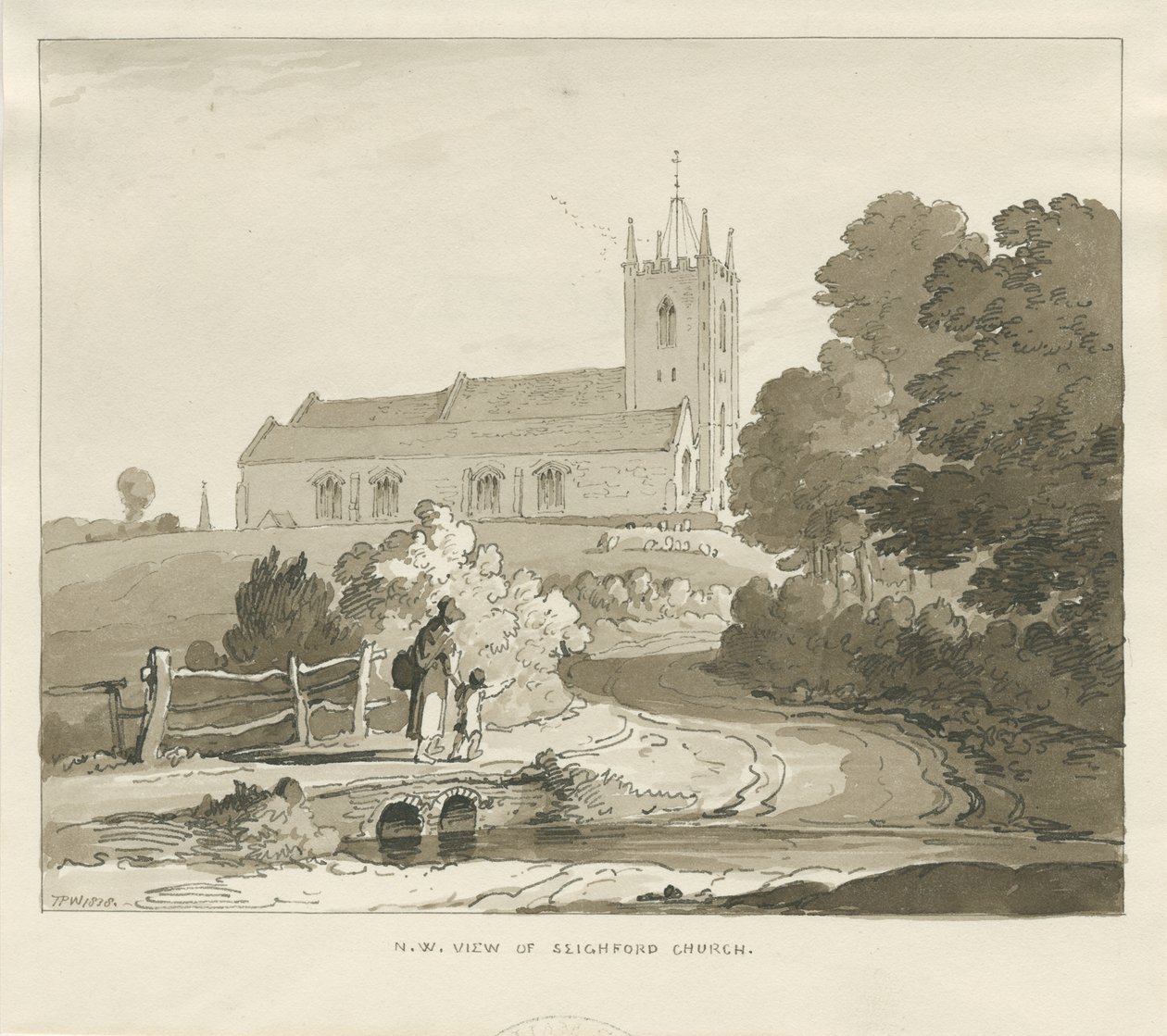 Seighford Church: szépia mosás rajz alkotó: Thomas Peploe Wood