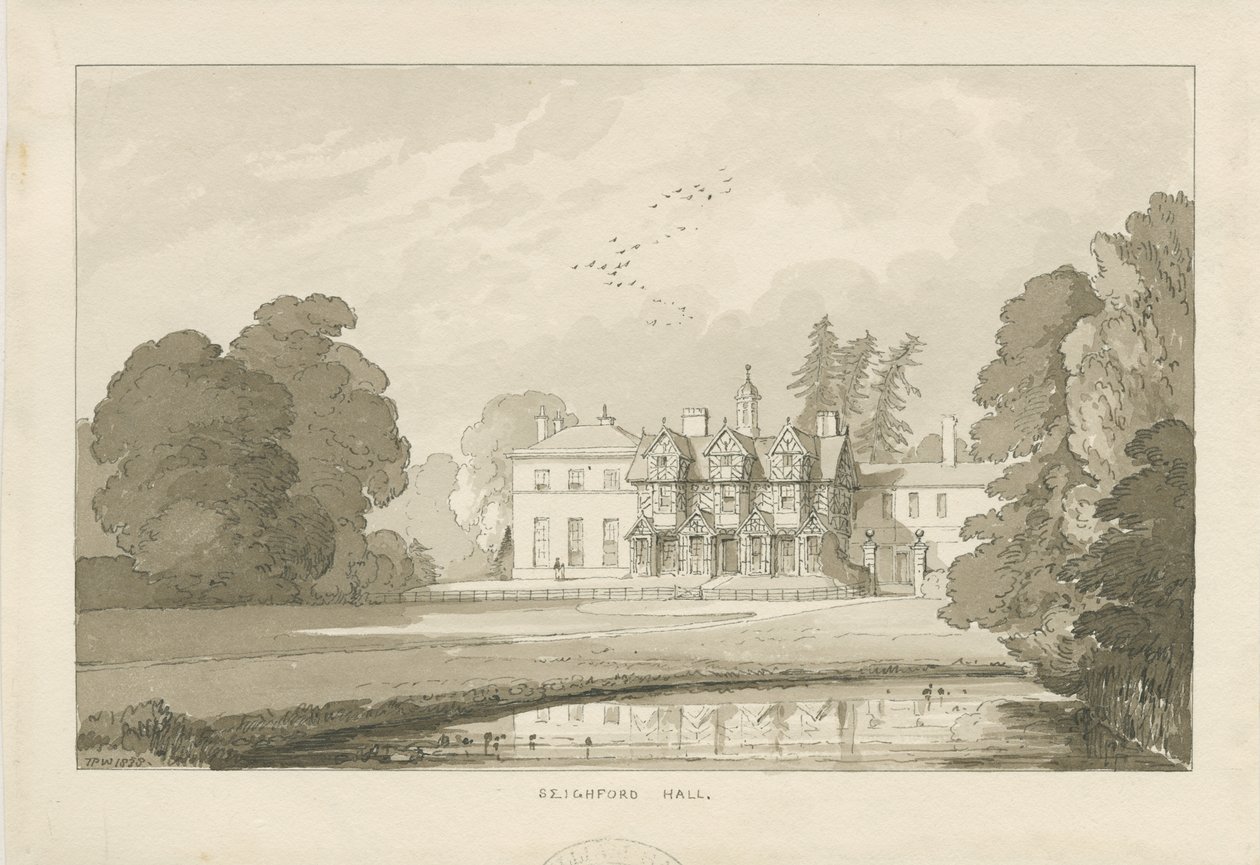 Seighford Hall: szepia wash rajz alkotó: Thomas Peploe Wood