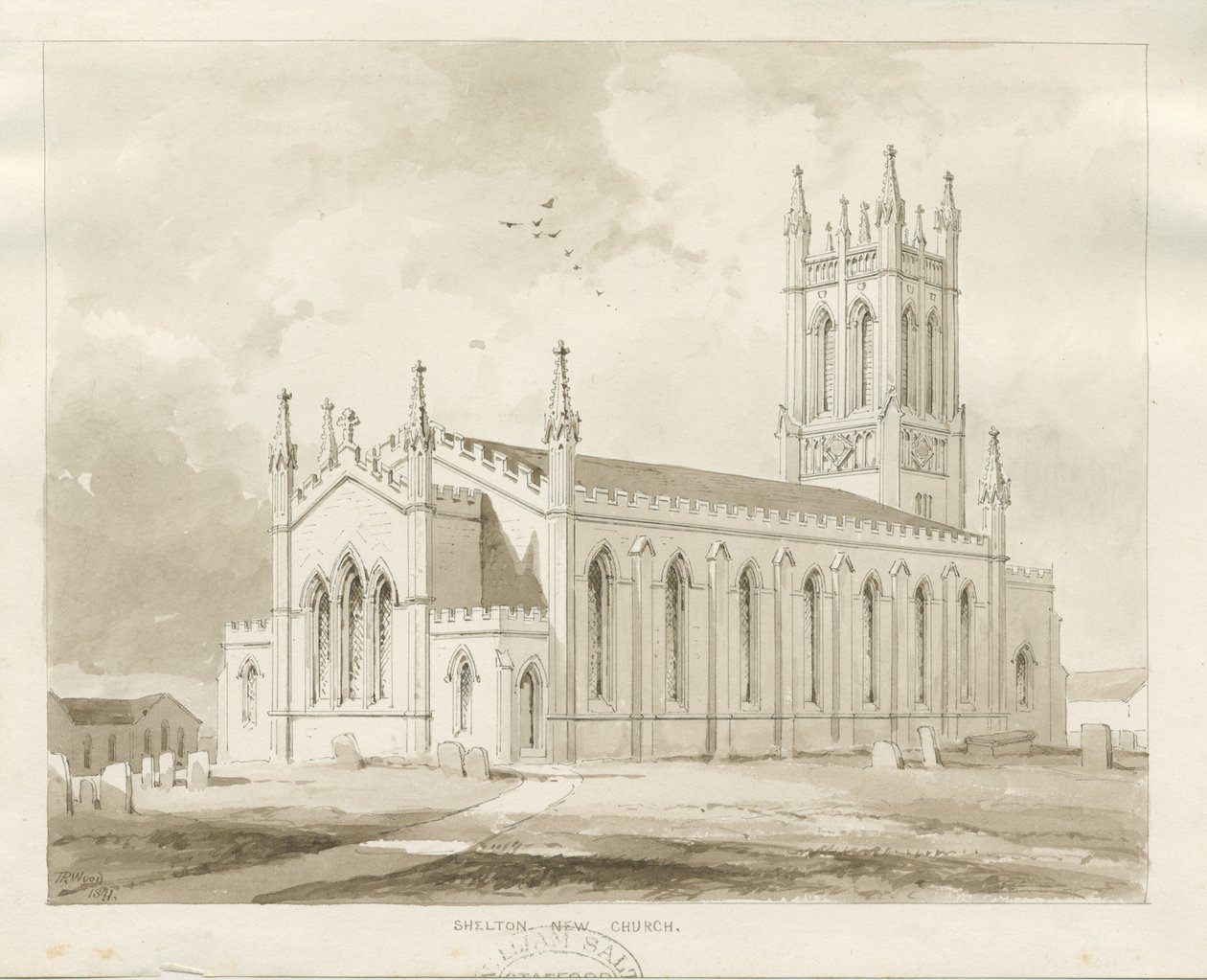 Shelton Church: szépia mosás rajz alkotó: Thomas Peploe Wood