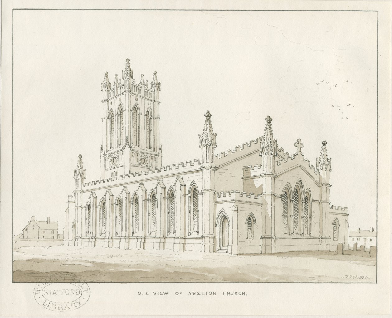 Shelton Church: szépia mosás rajz alkotó: Thomas Peploe Wood