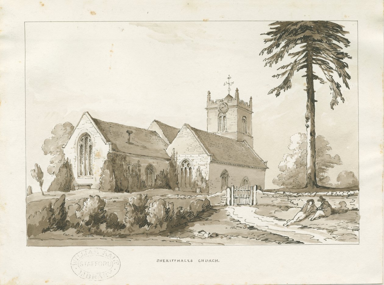 Sheriffhales Church: szépia mosás rajz, nd [?1838] (rajz) alkotó: Thomas Peploe Wood
