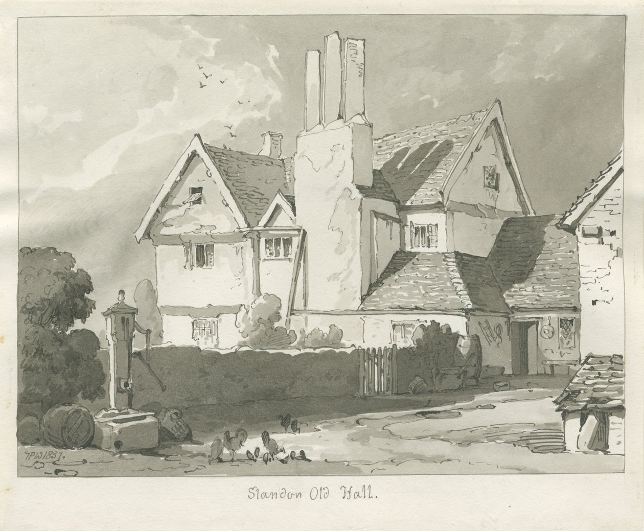 Standon Hall: szépia rajz alkotó: Thomas Peploe Wood