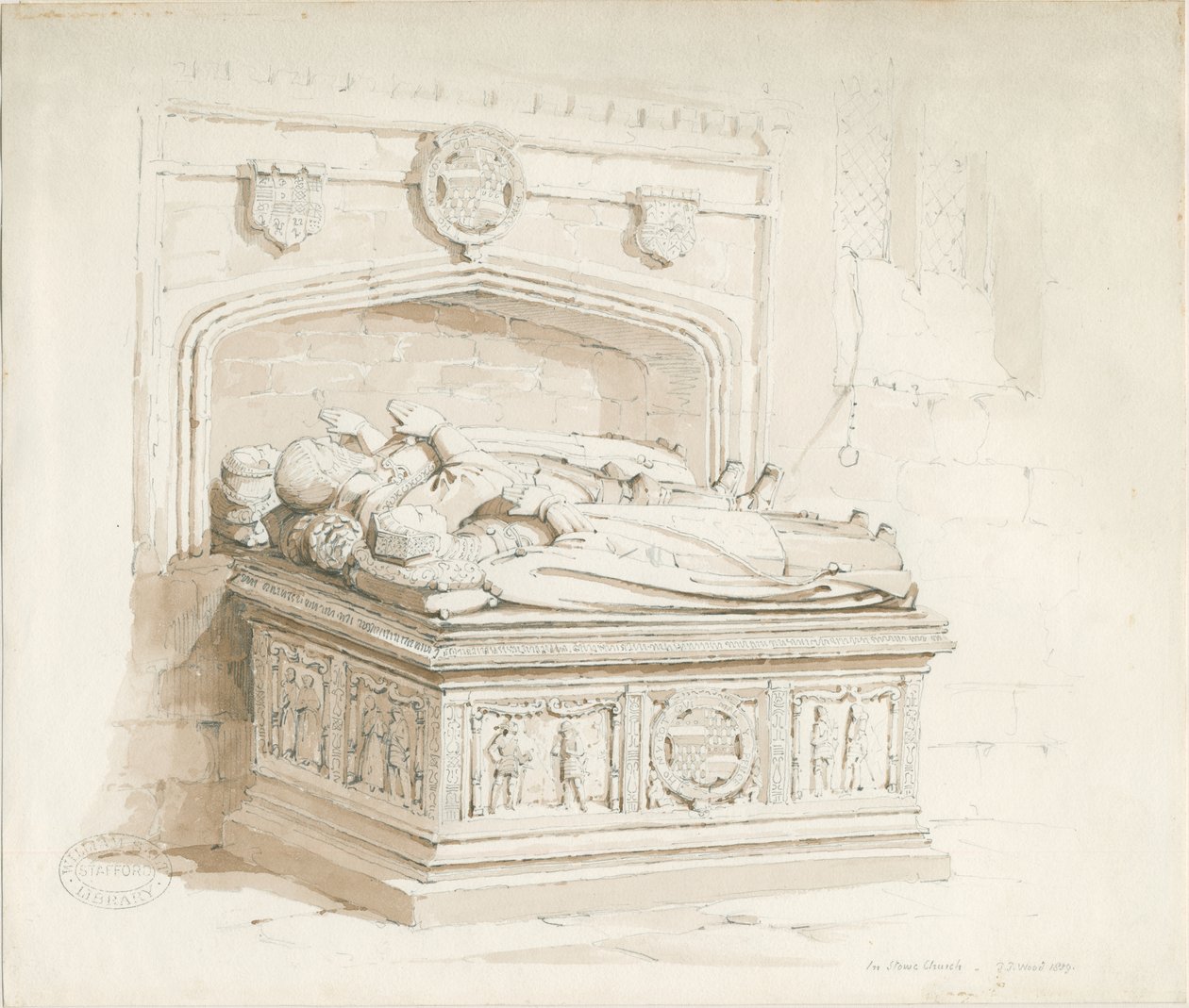 Stowe templom - Asztali sír [Sir Walter Devereux]: szépia rajz alkotó: Thomas Peploe Wood