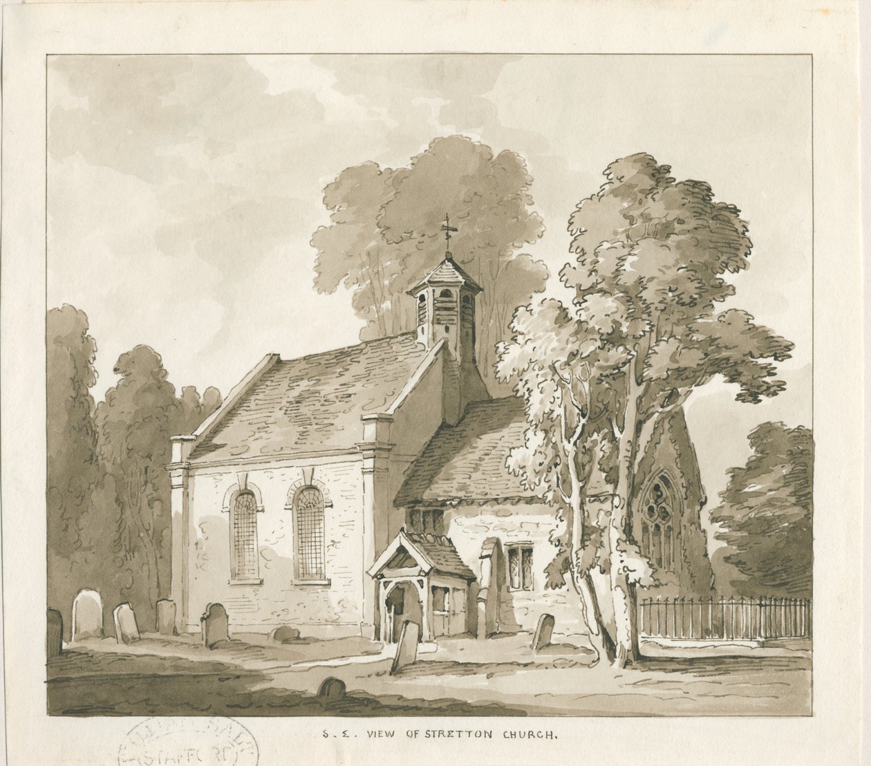 Stretton templom: szépia mosás rajza, nd [?1838] alkotó: Thomas Peploe Wood