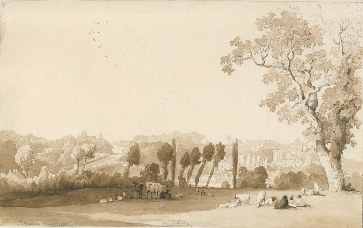 Tettenhall – Távoli kilátás délkeletről: ceruza- és mosórajz, 1837. augusztus 30. alkotó: Thomas Peploe Wood