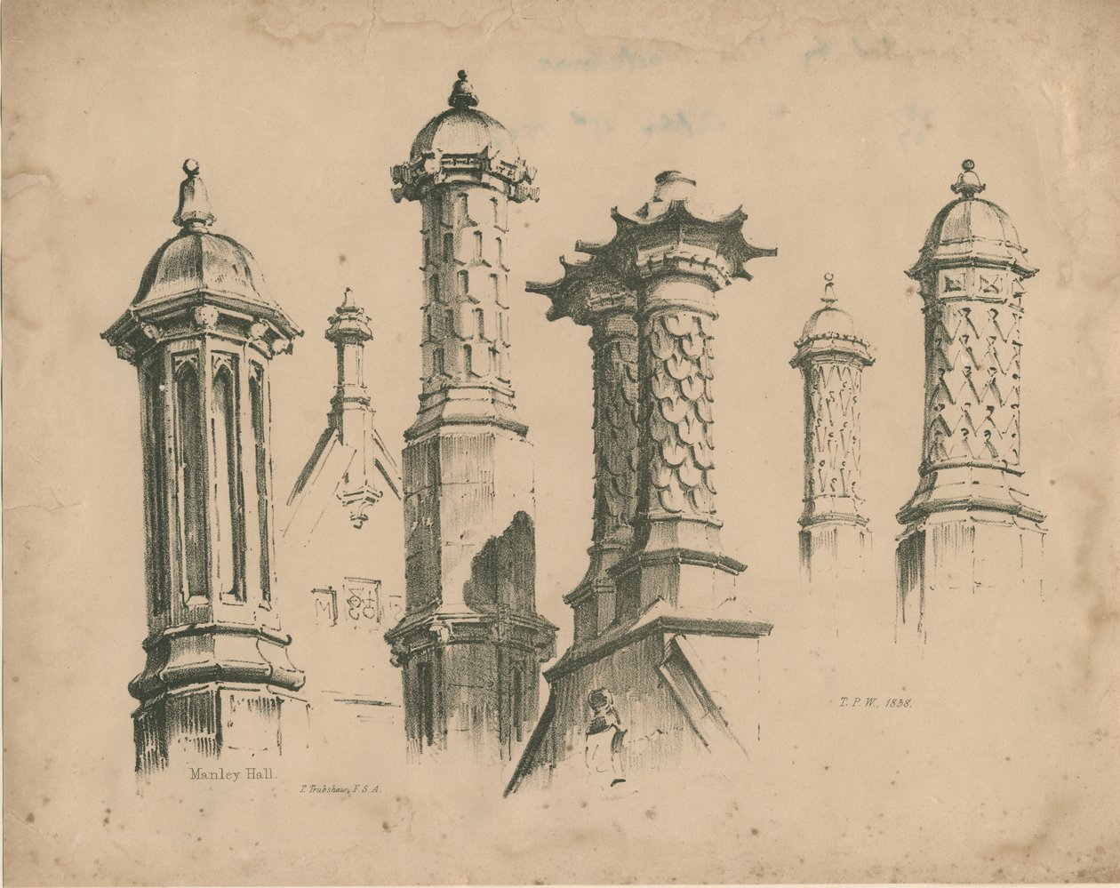Thickbroom Hall ["Manley Hall"] – Zárók és kémények: litográfia, 1838 alkotó: Thomas Peploe Wood