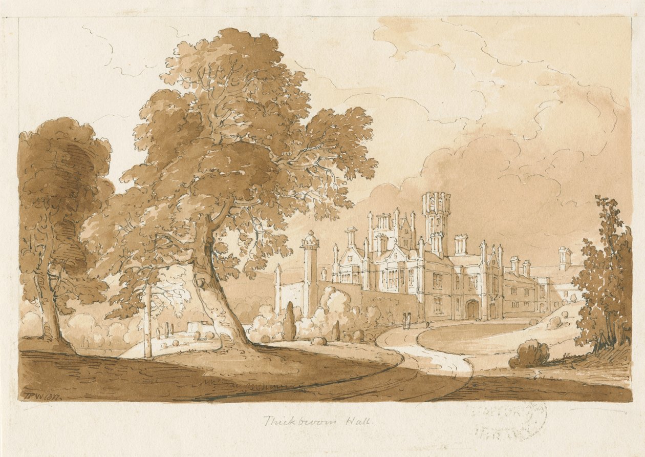 "Thickbroom Hall" [Manley Hall]: szépia mosás rajz, 1837 alkotó: Thomas Peploe Wood