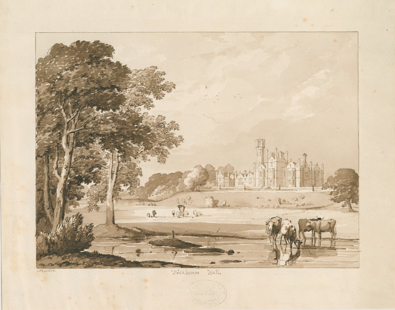 "Thickbroom Hall" [Manley Hall]: szépia mosás rajz, 1837 alkotó: Thomas Peploe Wood