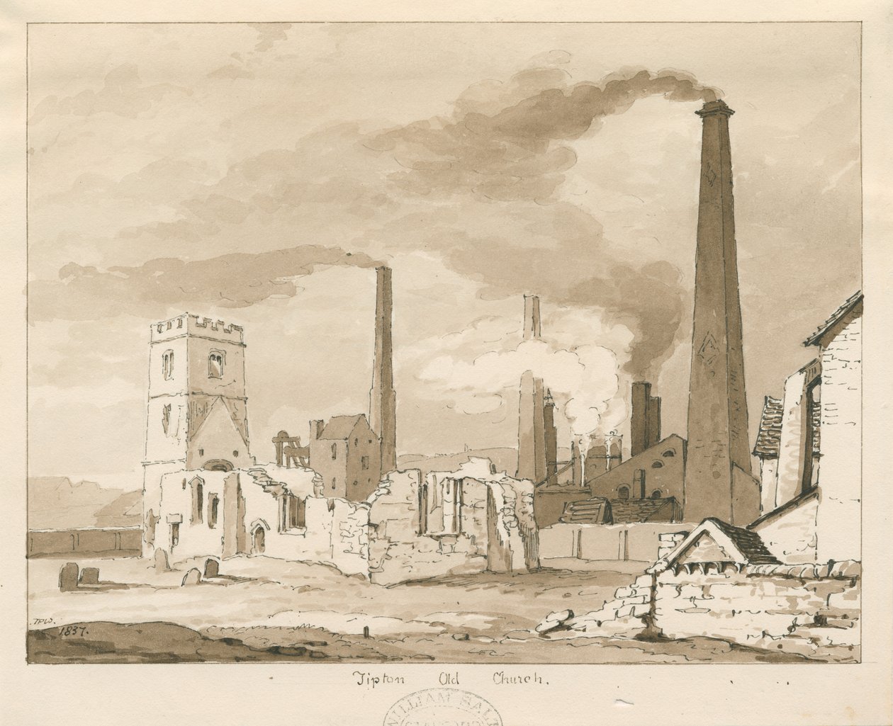 Tipton Old Church: szépia mosás rajza, 1837 alkotó: Thomas Peploe Wood
