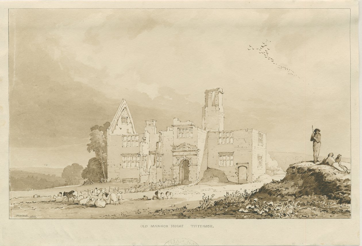 Tittensor - Régi kastély: szépia mosás rajza, 1837 alkotó: Thomas Peploe Wood
