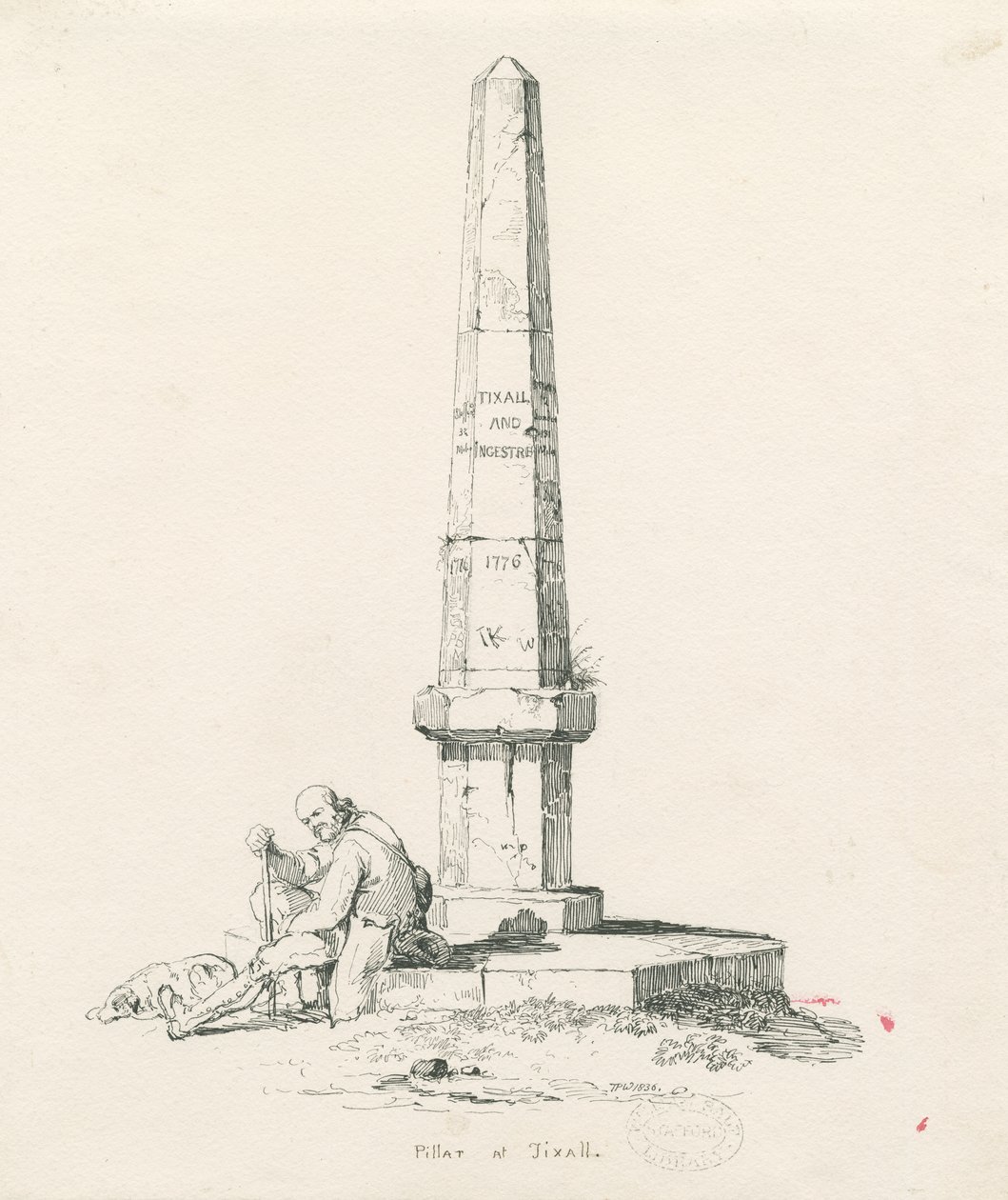 Tixall – Mérföldes távolságokat mutató oszlop: toll- és tusrajz alkotó: Thomas Peploe Wood