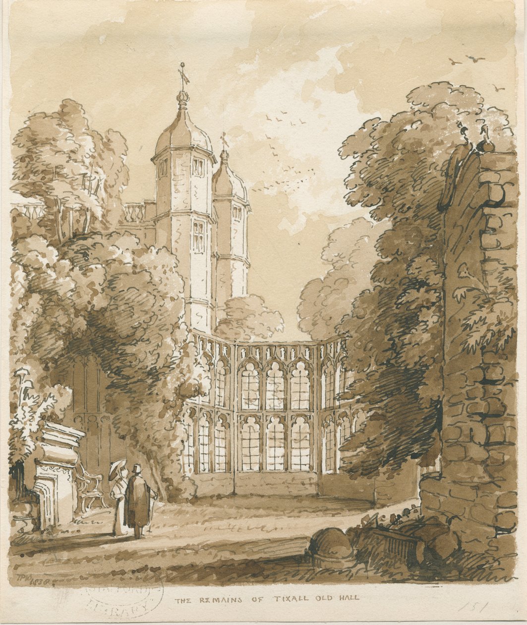 Tixall Hall: toll- és mosórajz, 1838 alkotó: Thomas Peploe Wood