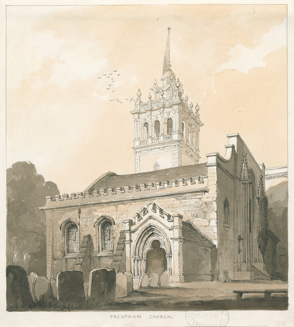 Trentham templom: szépia és sárga mosás rajza, nd [?1838] alkotó: Thomas Peploe Wood