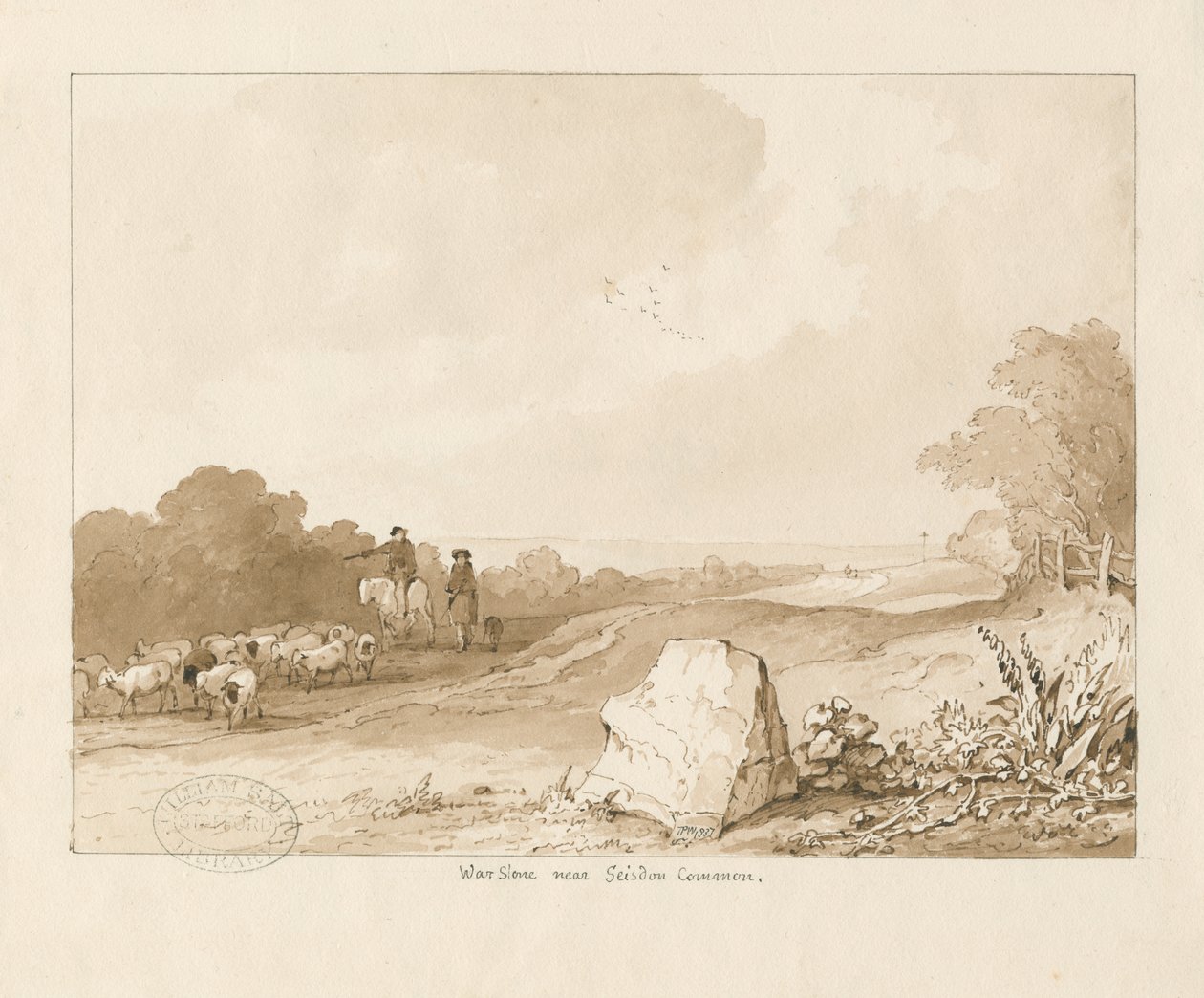 Trysull - "Háborús kő Seisdon Common közelében": toll és szépia mosás rajza, 1837 alkotó: Thomas Peploe Wood