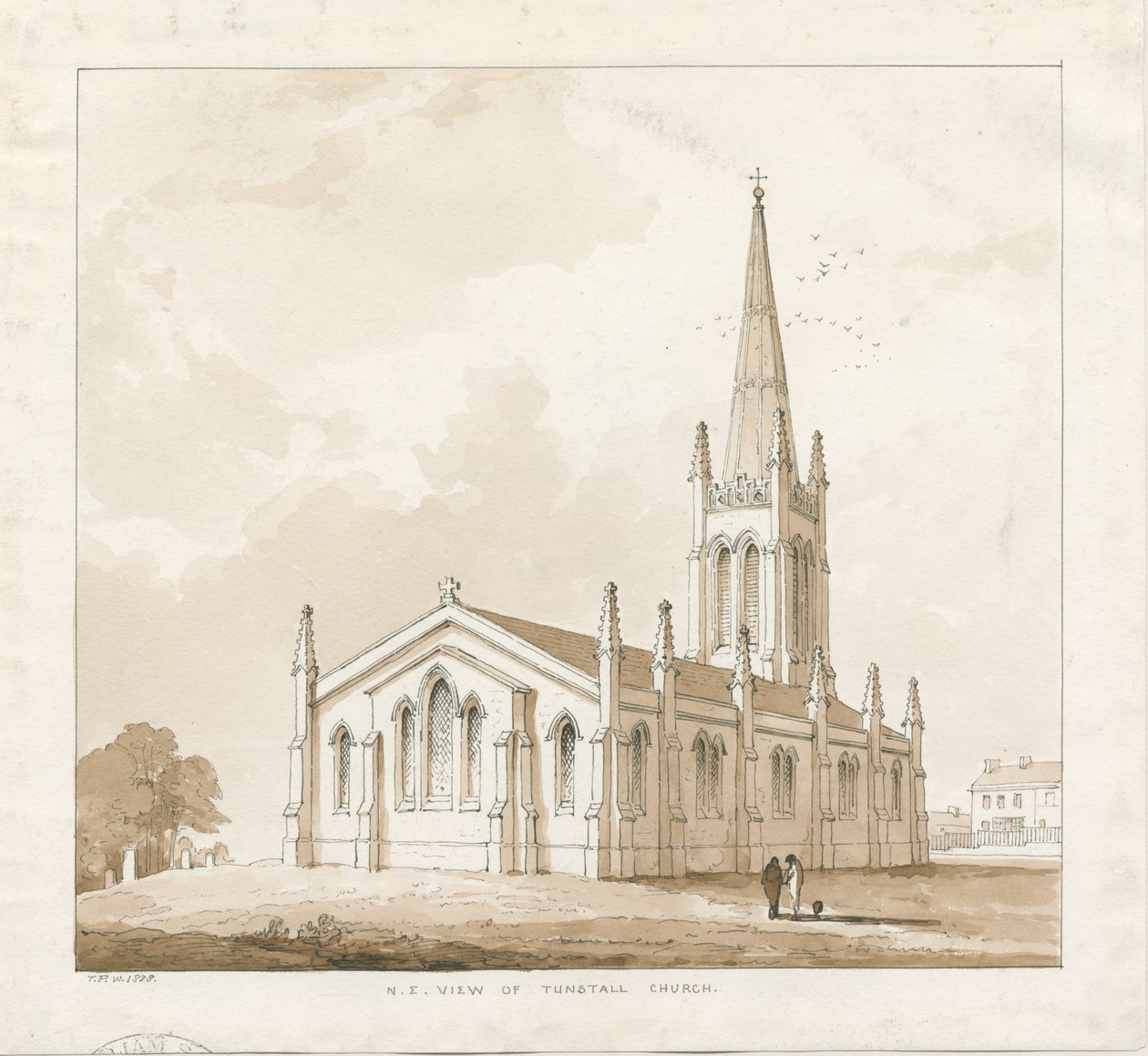 Tunstall templom: toll- és mosórajz, 1838 alkotó: Thomas Peploe Wood
