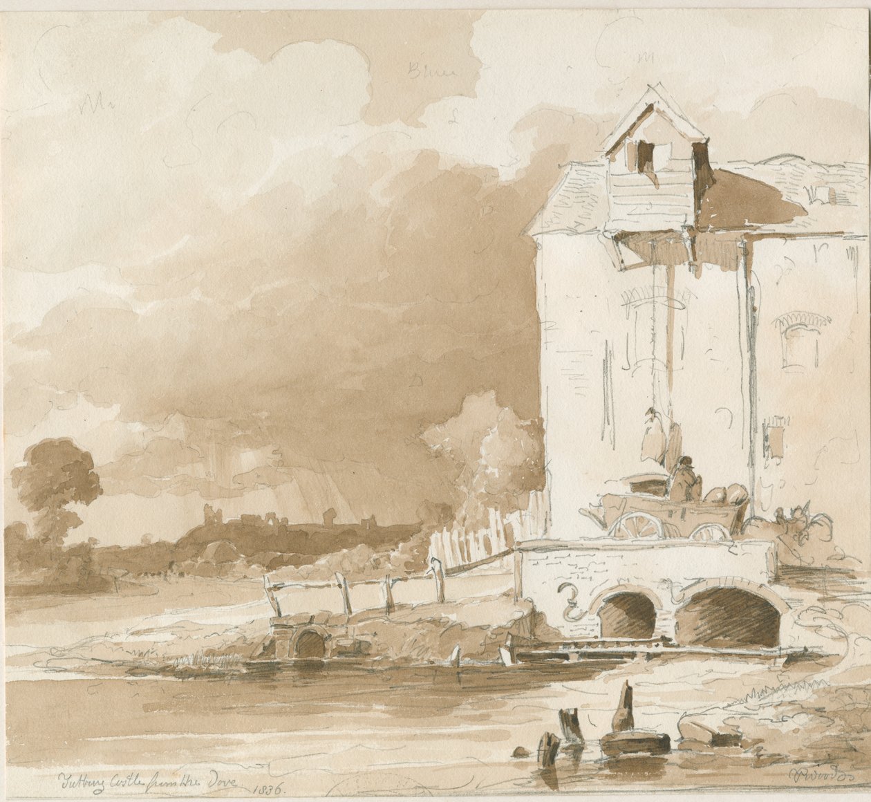 Tutbury kastély: Távoli kilátás a Dove folyóról: ceruza- és mosórajz, 1836 alkotó: Thomas Peploe Wood