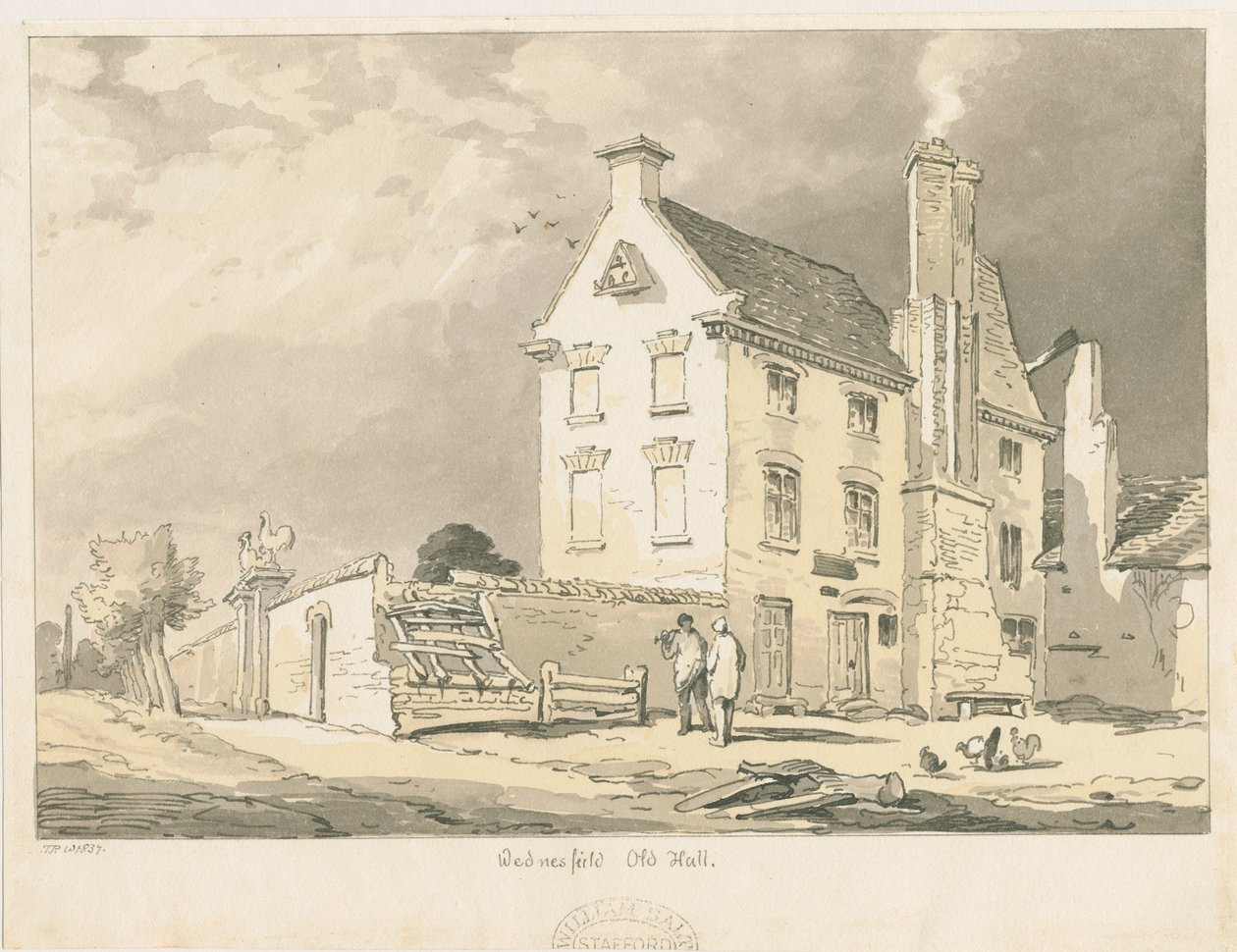 Wednesfield - "Old Hall": szépia, toll és színárnyalat rajz, 1837 alkotó: Thomas Peploe Wood