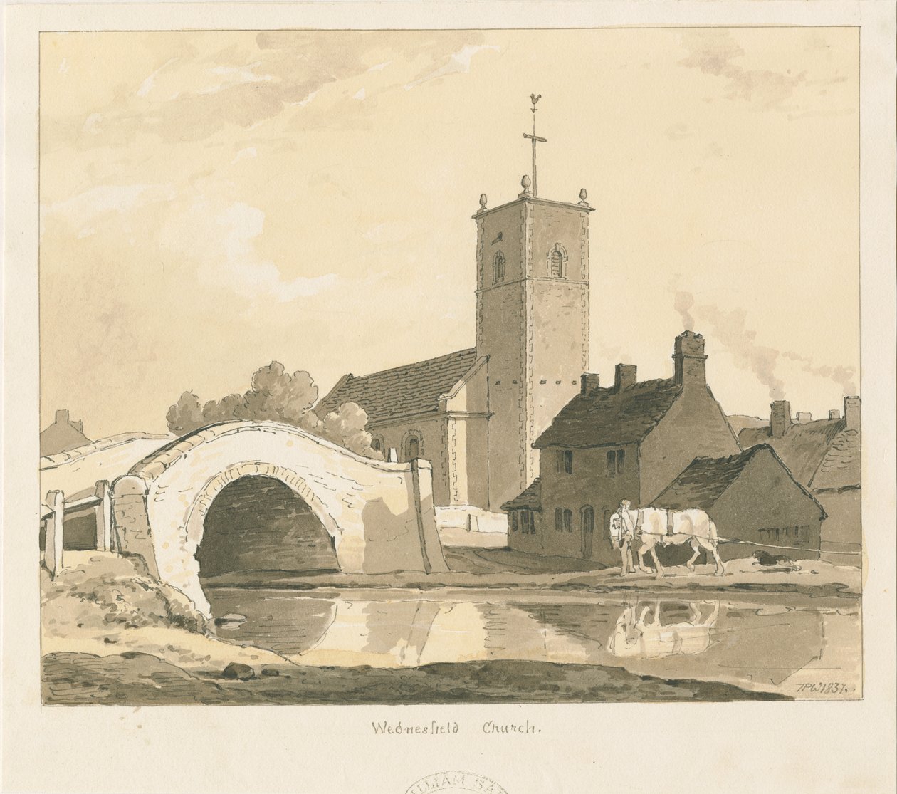 Wednesfield templom és híd: szépia rajz, 1837 alkotó: Thomas Peploe Wood