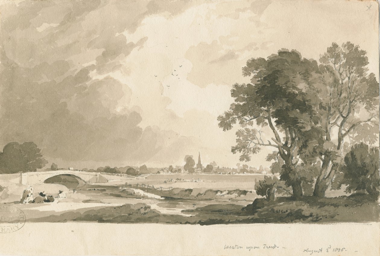 Weston-on-Trent – Távoli kilátás: szépia és ceruzamosás rajz, 1838. augusztus 2. alkotó: Thomas Peploe Wood