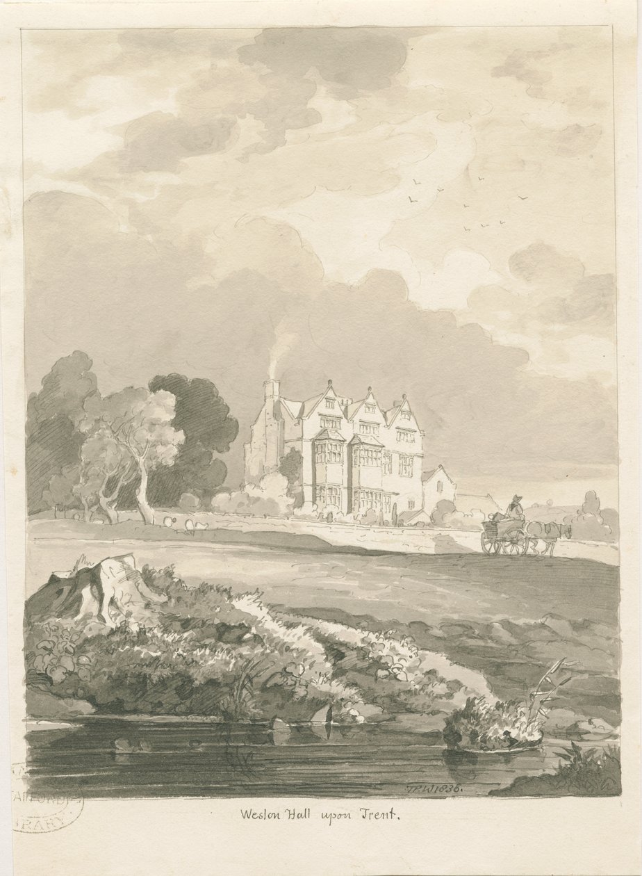 Weston-on-Trent - Hall: szépia rajz alkotó: Thomas Peploe Wood