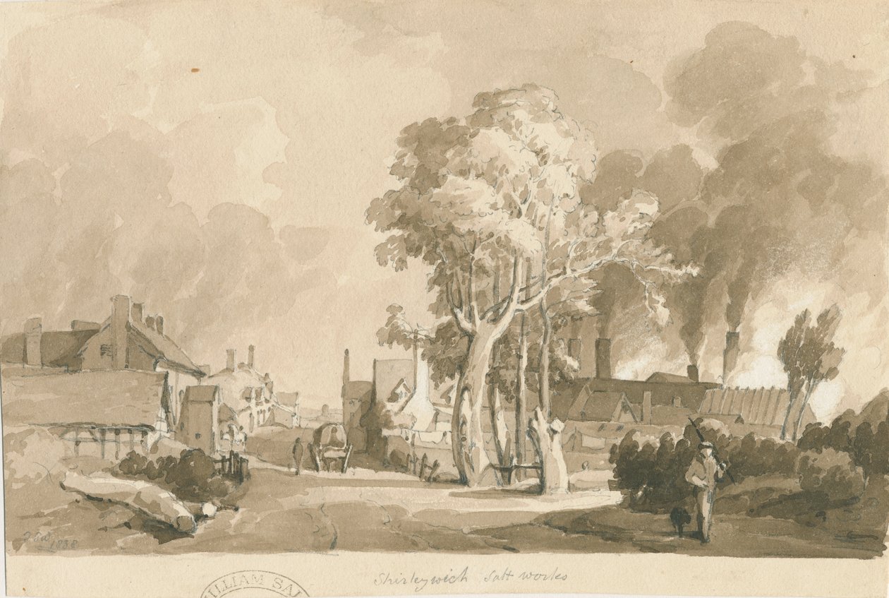 Weston-on-Trent – Shirleywich Saltworks: szépia mosás rajza, 1838 alkotó: Thomas Peploe Wood