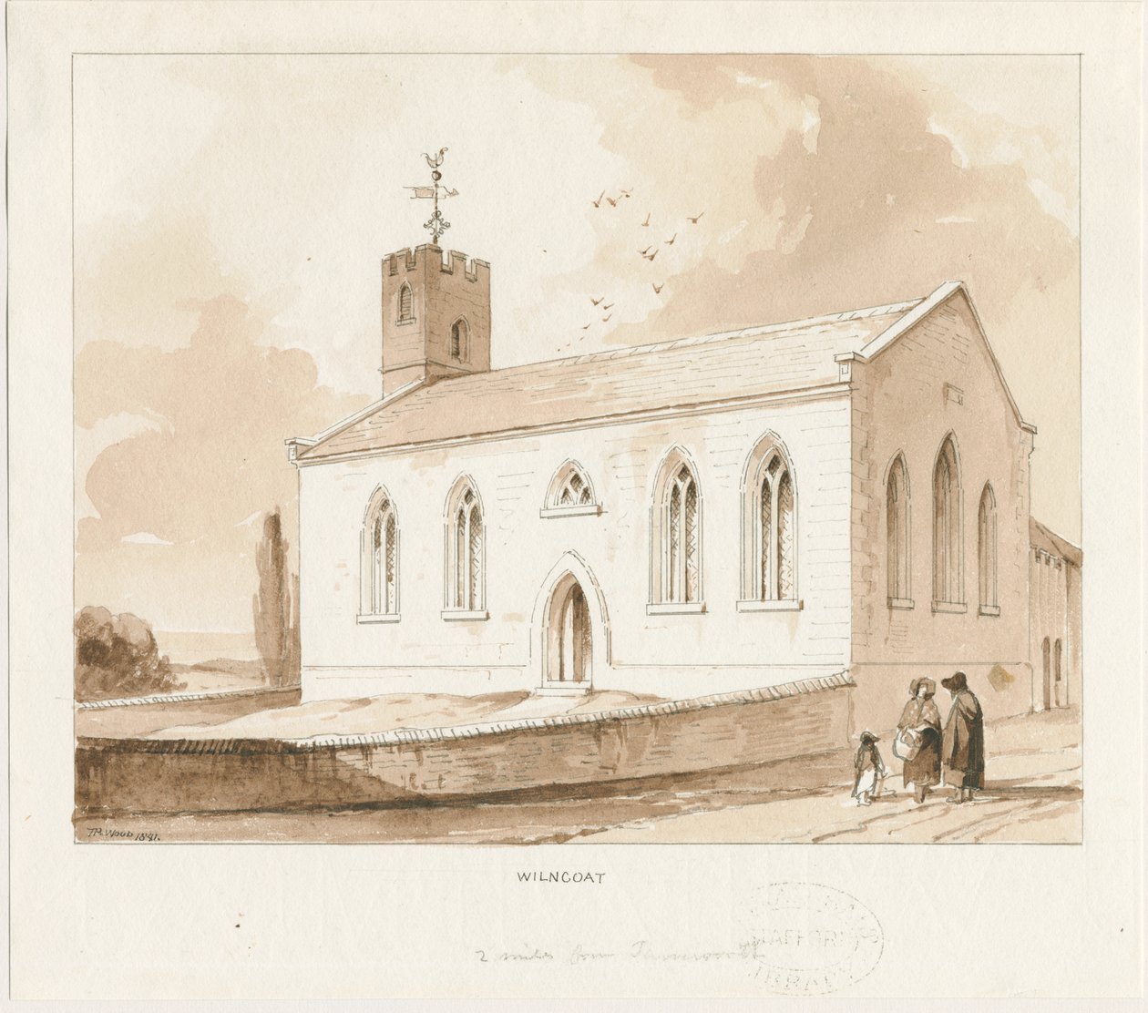 Wilnecote templom: szépia mosás rajz alkotó: Thomas Peploe Wood