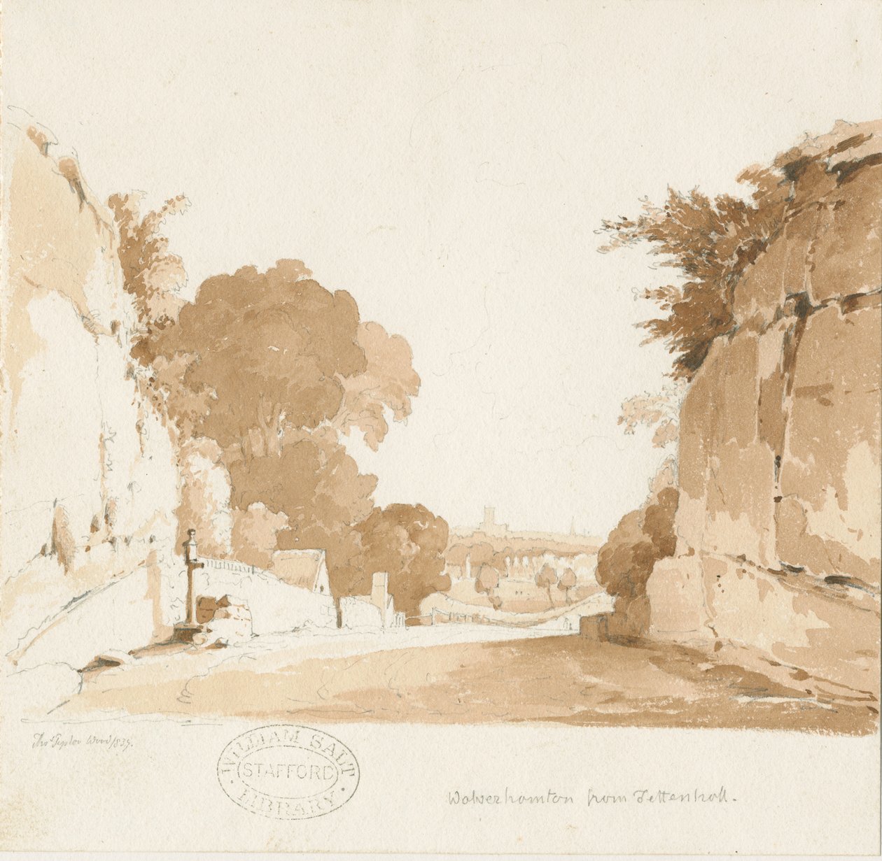 Wolverhampton – Távoli kilátás Tettenhallból: szépia rajz, 1837 alkotó: Thomas Peploe Wood