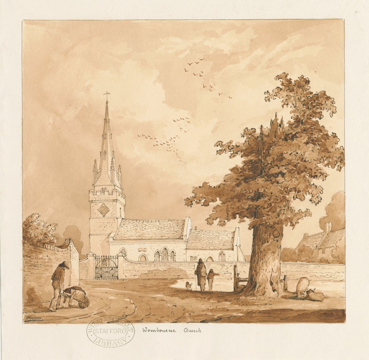 Wombourne templom: szépia rajz alkotó: Thomas Peploe Wood