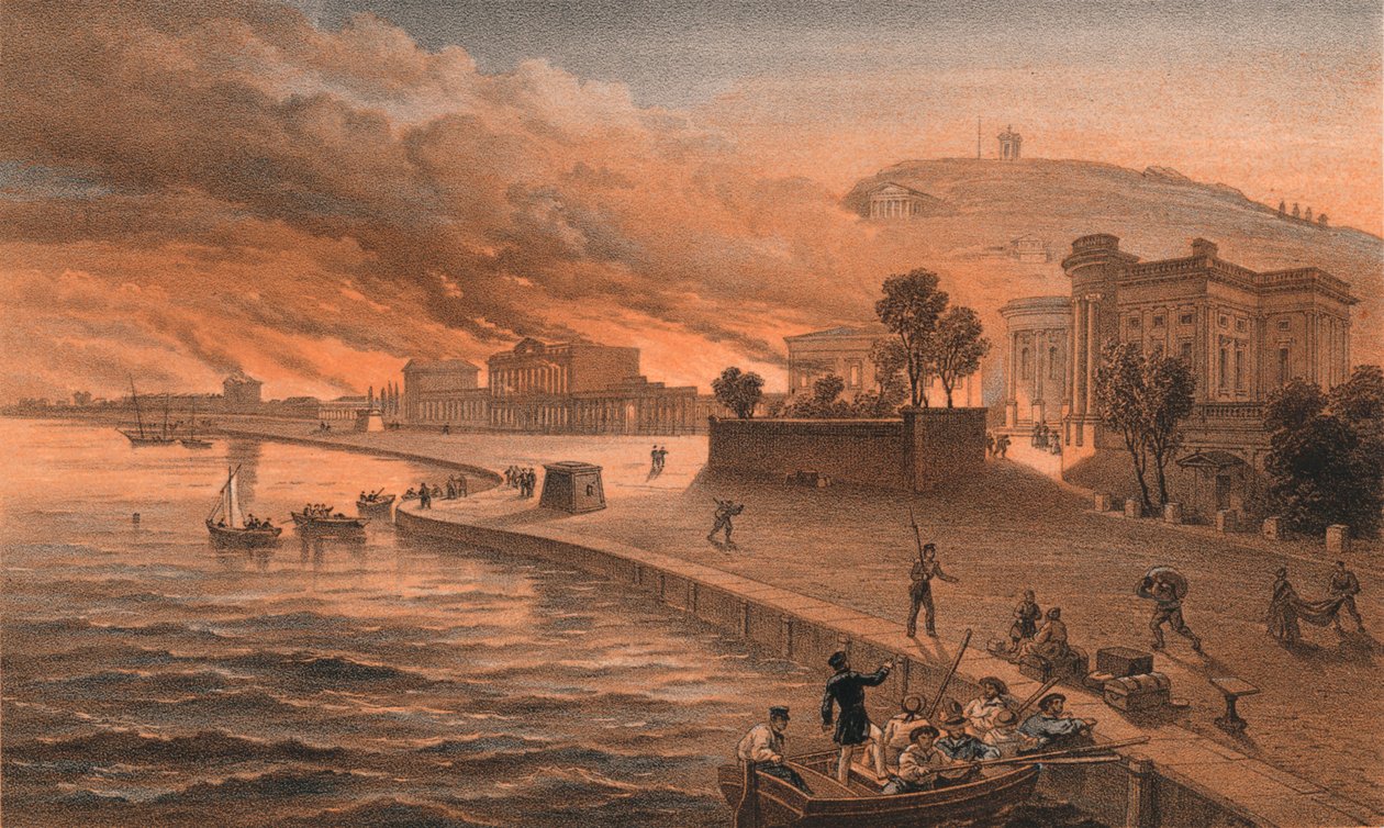 A kormány épületeinek felgyújtása Kertchben, 1855. június 9., 1856 alkotó: Thomas Picken