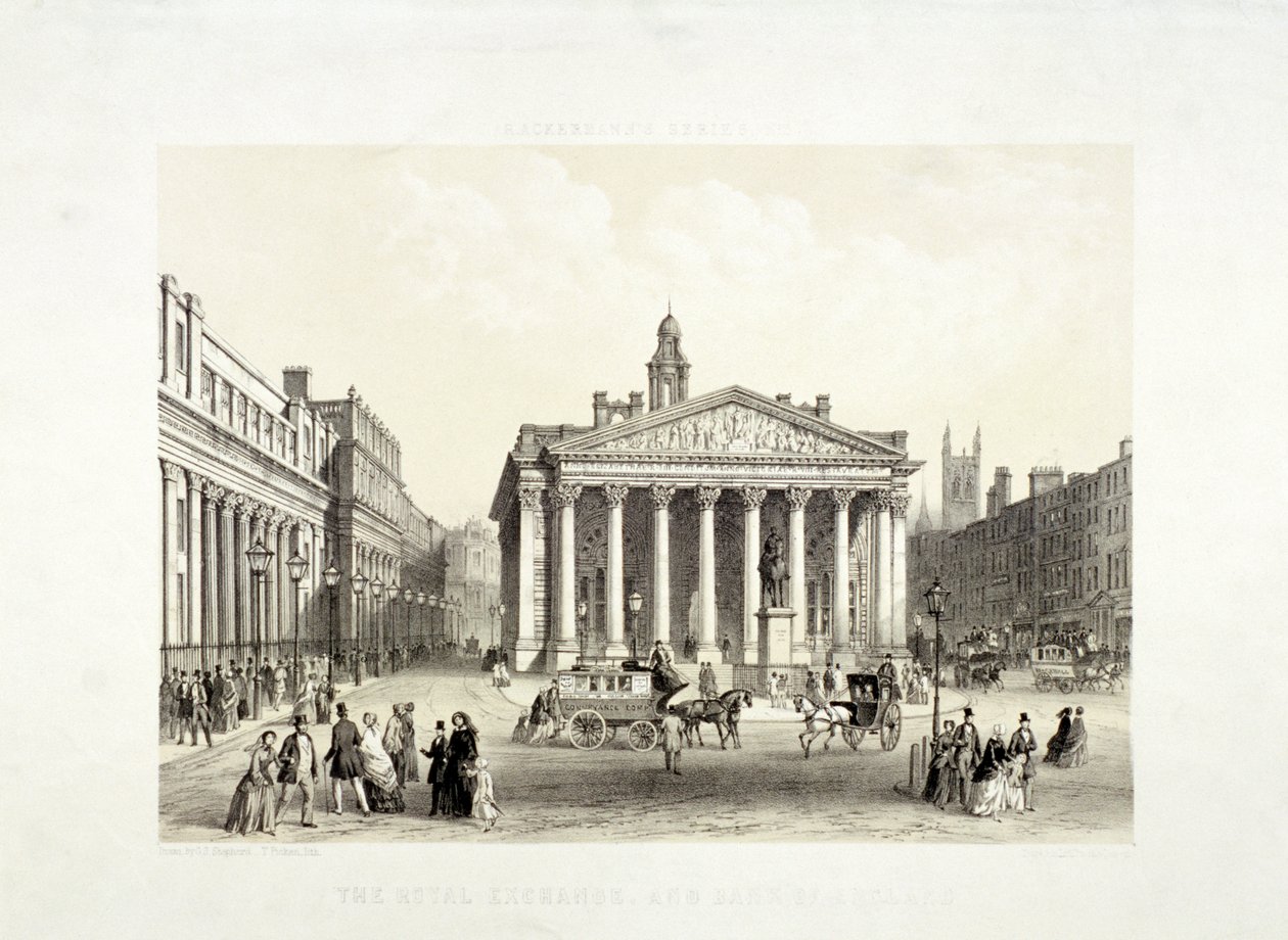 Royal Exchange és a Bank of England balra, London, 1851 alkotó: Thomas Picken