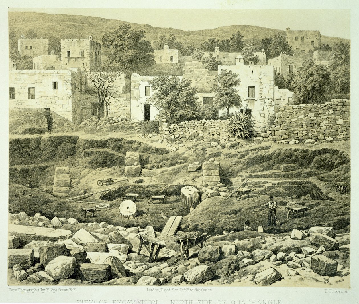 Az ásatás megtekintése, Charles Thomas Newton (1816-94) „A Helicarnassus, Cnidus és Branchidae felfedezéseinek története” című művéből, 1862-ben alkotó: Thomas Picken