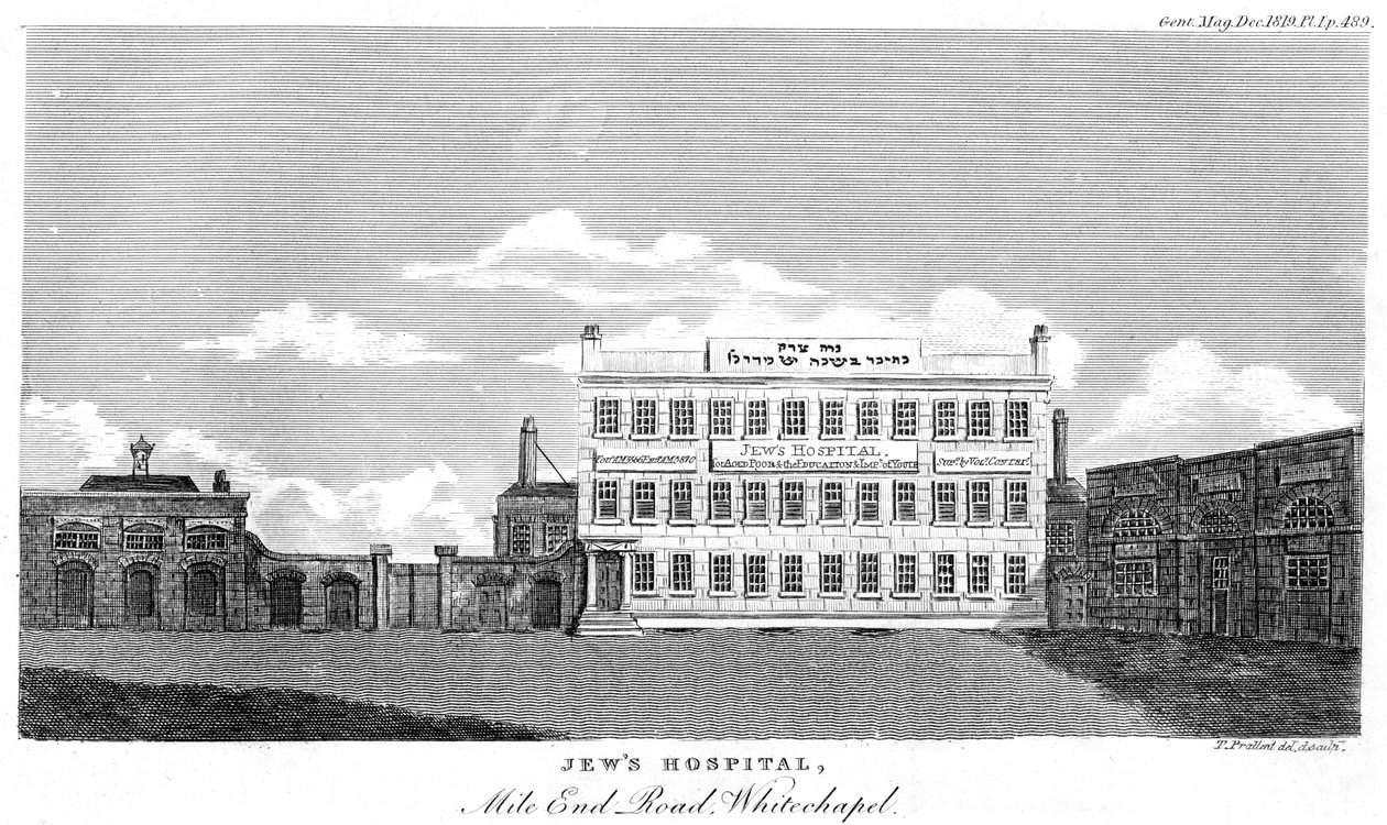 Jews Hospital, Mile End Road, Whitechapel, London, 18. század vége vagy 19. század eleje. alkotó: Thomas Prattent