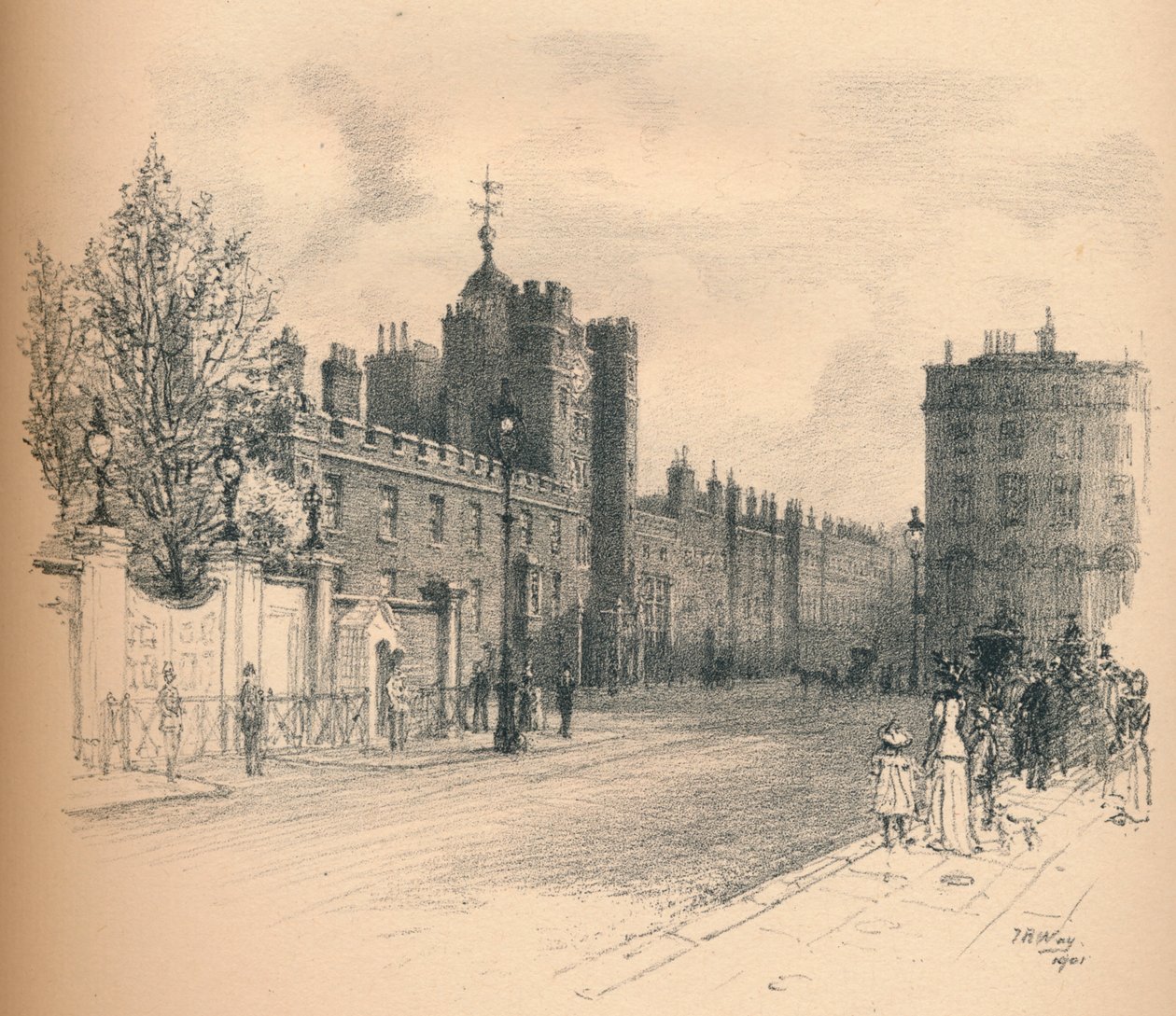 A Szent Jakab-palota általános képe, a Pall Mall bevásárlóközpontból, 1902 alkotó: Thomas Robert Way