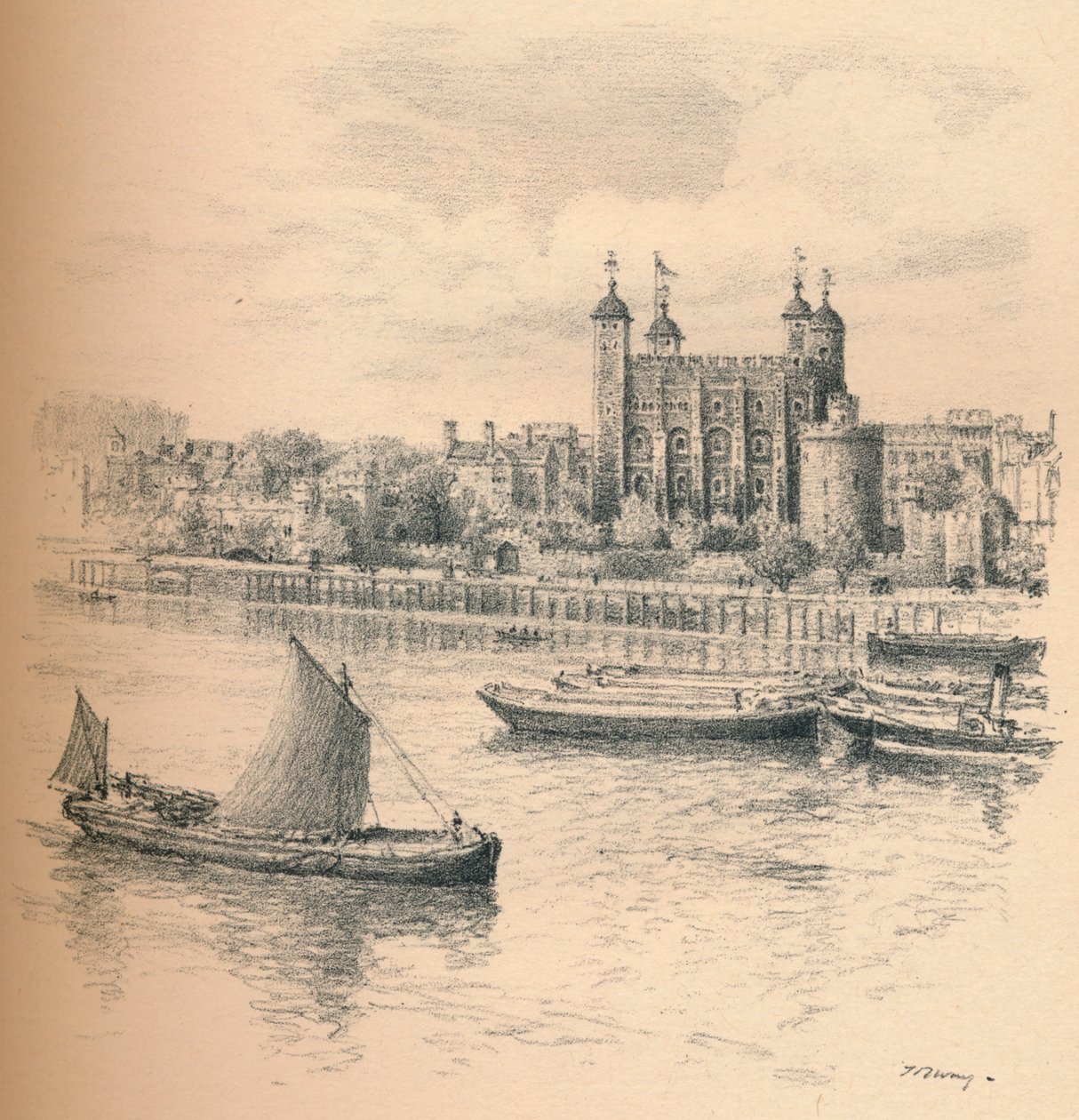 A londoni Tower a Tower Bridge-től, 1902 alkotó: Thomas Robert Way