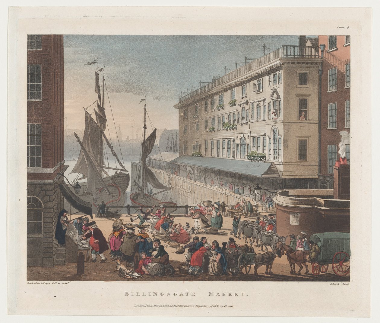 Billingsgate Market, 1808. március 1., 1808. március 1. Alkotók: Thomas Rowlandson, Augustus Charles Pugin, J. Bluck. alkotó: Thomas Rowlandson, Augustus Charles Pugin, J. Bluck