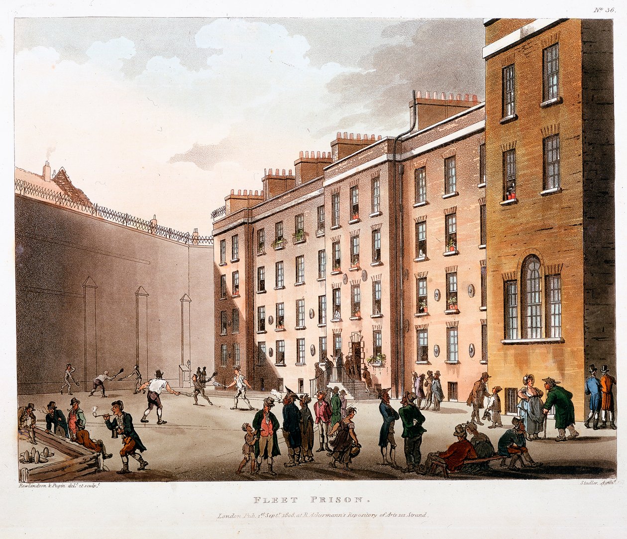 Belső bíróság, Fleet Prison, London, 1808-1811 alkotó: Thomas Rowlandson, Augustus Charles Pugin